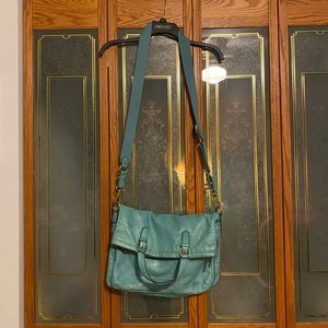 Large teal leather fossil crossbody bag